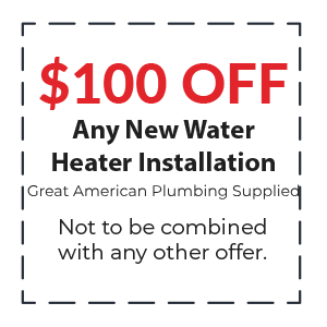 $100 off any new water heater installation coupon from Great American Plumbing, not combinable with other offers.