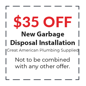 $35 off new garbage disposal installation coupon from Great American Plumbing, not combinable with other offers, promoting plumbing services in Plantation, FL.