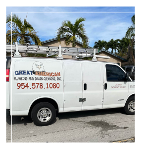 Great American Plumbing service van parked in Deerfield Beach, showcasing emergency plumbing services and contact information.