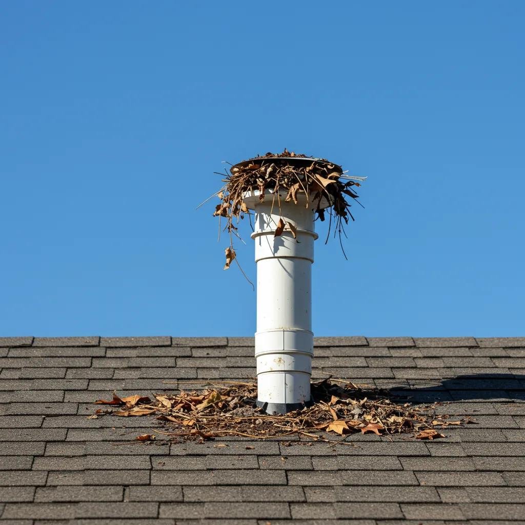 Blocked plumbing vent pipe on house roof with leaves and debris causing drainage issues.