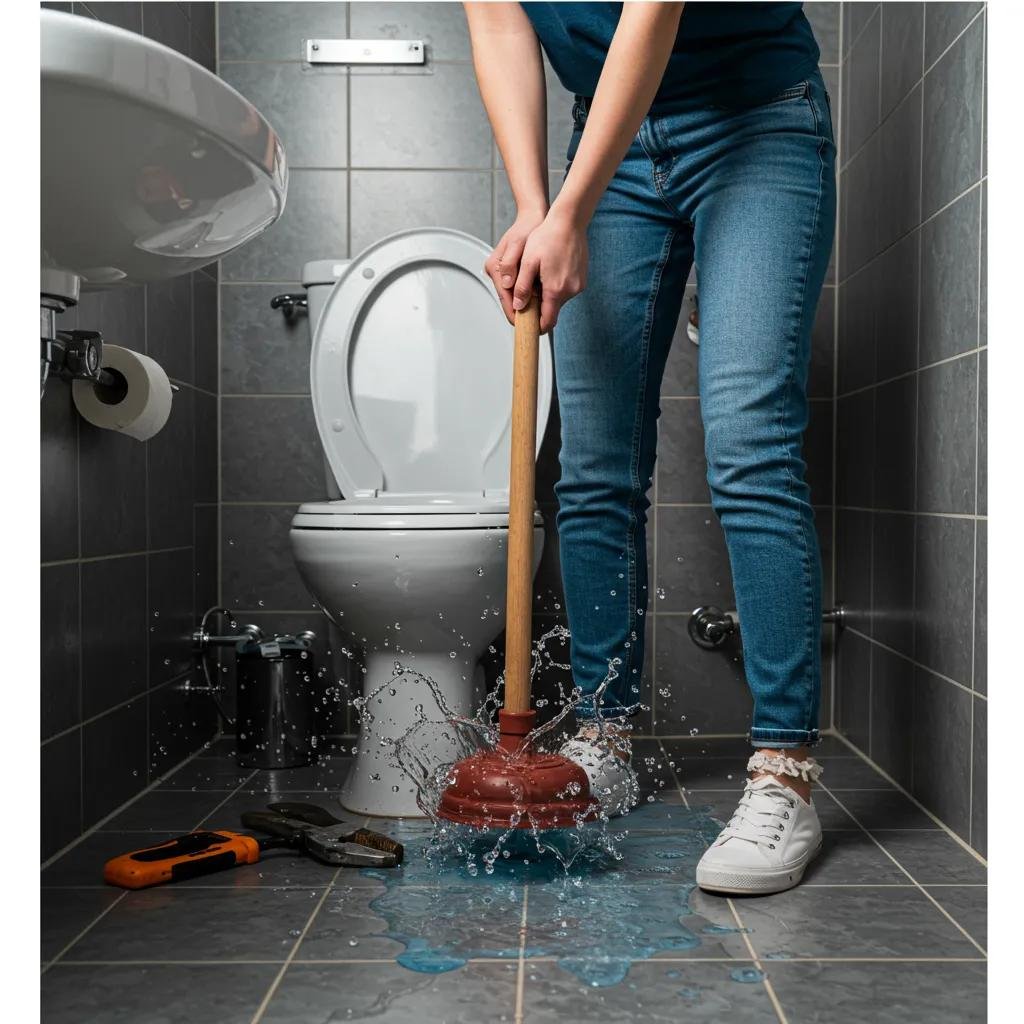 Plumber urgently repairing overflowing toilet with plunger, emergency plumbing services.