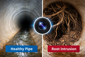 Healthy pipe contrasted with root intrusion, highlighting plumbing issues relevant to drain cleaning and repair services.