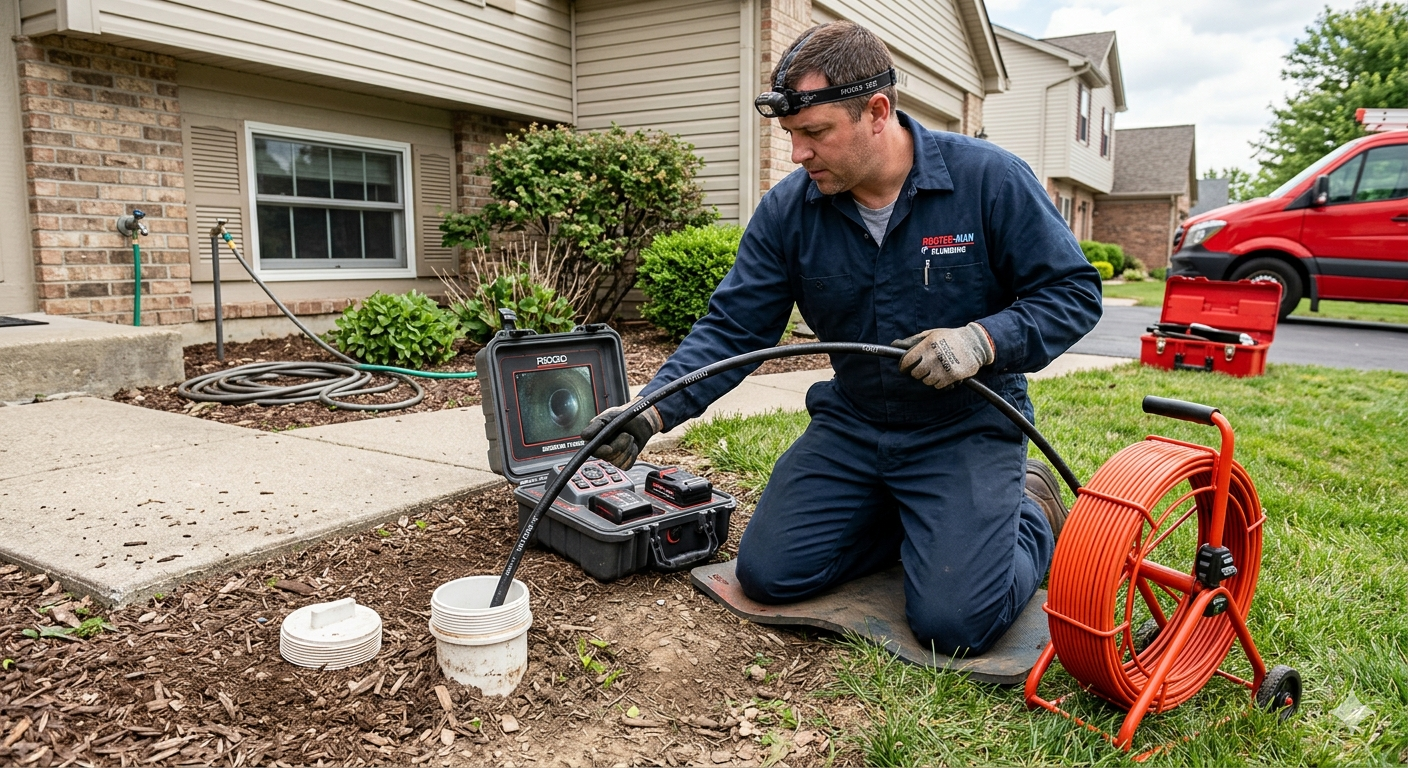 Plumber using camera inspection equipment for sewer line inspection in Weston, Florida.