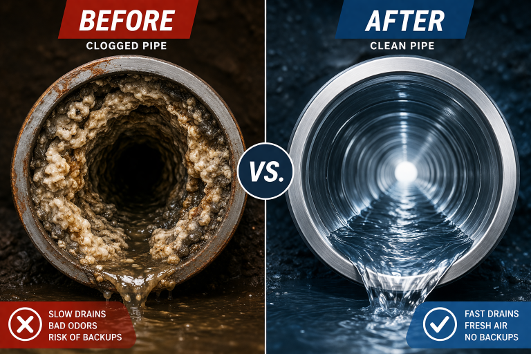 Before and after comparison of a clogged pipe and a clean pipe, illustrating the benefits of drain cleaning services in Weston, FL, with visual indicators of slow drains, bad odors, and risk of backups versus fast drains, fresh air, and no backups.
