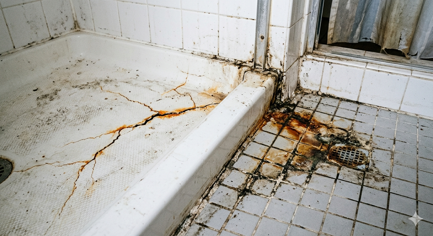 Broken shower pan with visible water damage and rust, Lauderdale-By-The-Sea homeowner plumbing issue