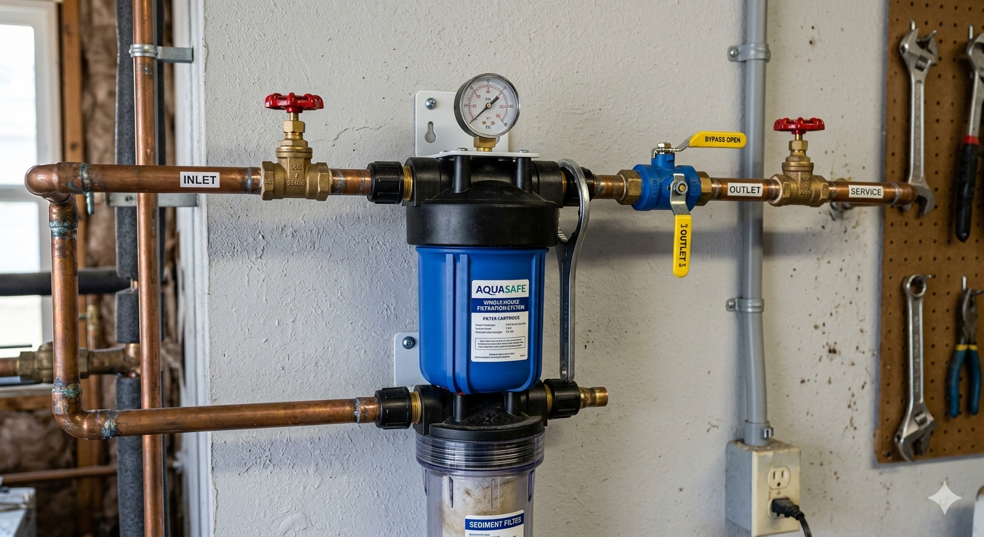Whole house water filtration system installation in Coral Springs, AquaSafe filter and plumbing components.