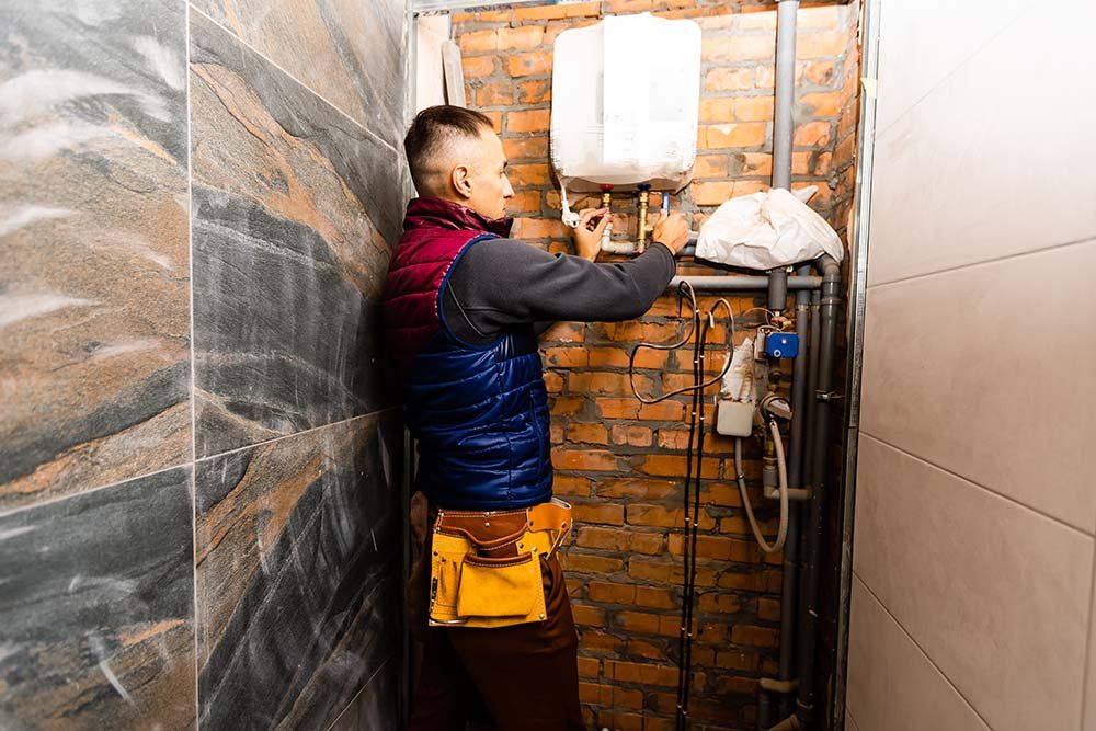 Plumber installing water heater in Coral Springs home, Great American Plumbing service