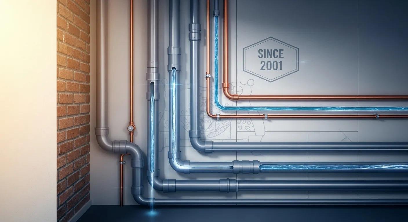 Copper and steel pipes with a illustrated blue water flowing through the plumbing system.