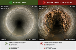 Sewer line camera inspection showing healthy pipe and pipe with root intrusion for Coral Springs homeowners.