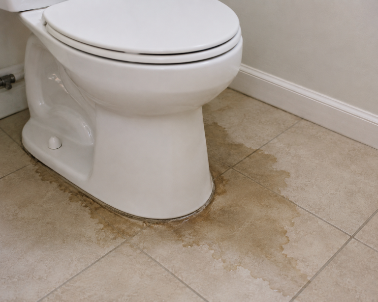 Leaking toilet base on tiled floor, common plumbing problem in Davie homes.