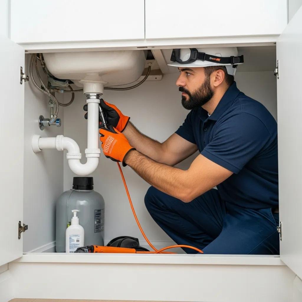 Great American Plumbing technician repairing pipe under sink displaying emergency plumbing services in Fort Lauderdale.