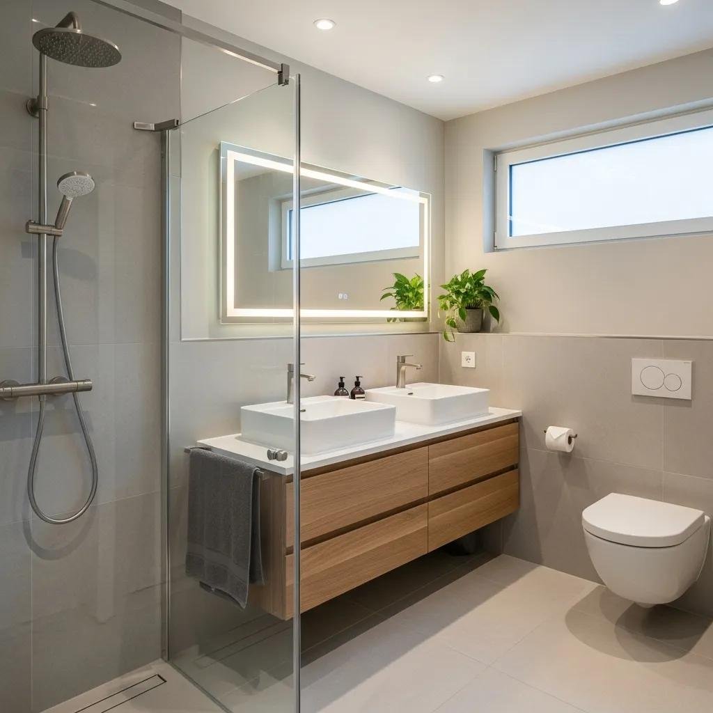 Modern bathroom with stylish plumbing fixtures, shower enclosure, and vanity for Broward County homeowners.