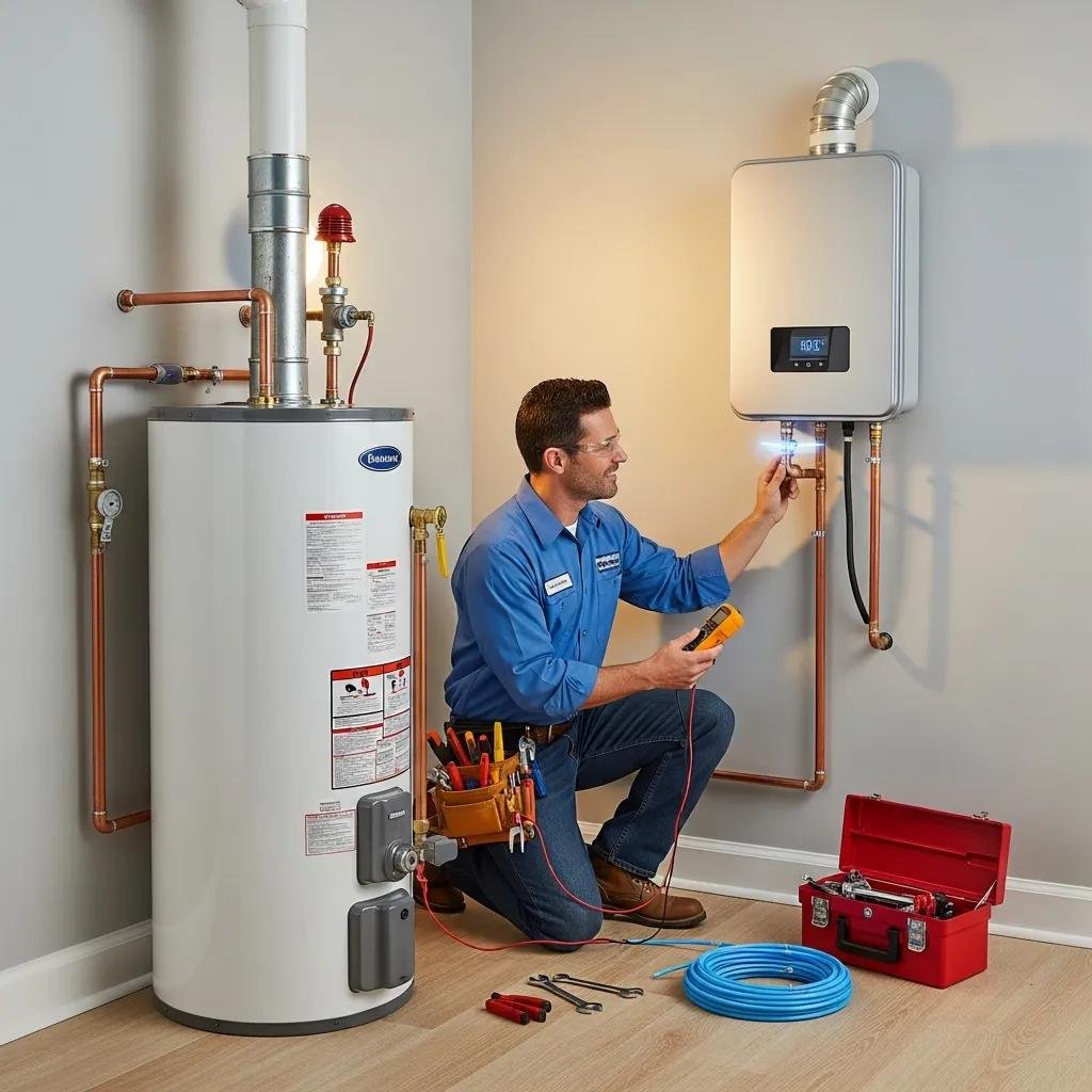 Licensed plumber inspecting modern tankless water heater installation in a home setting.