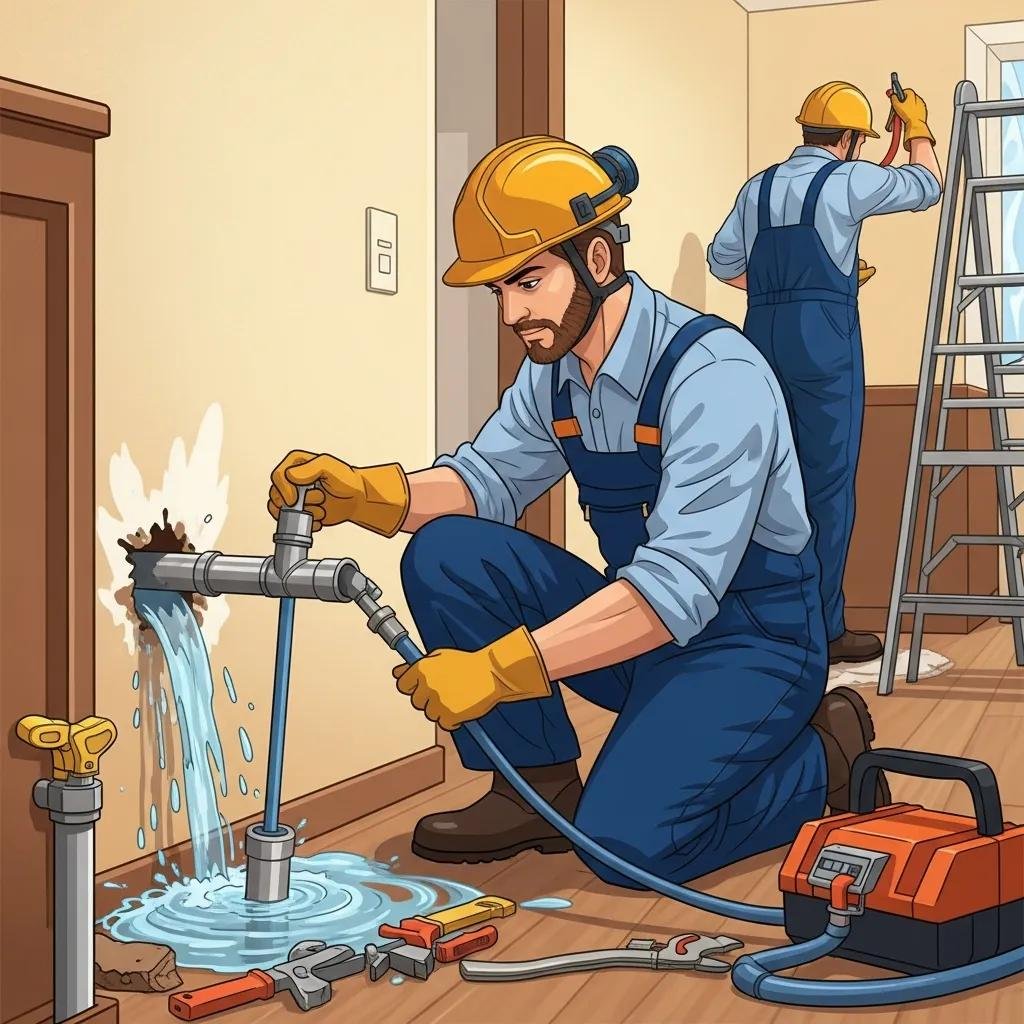 Plumber addressing a burst pipe emergency in a South Florida home