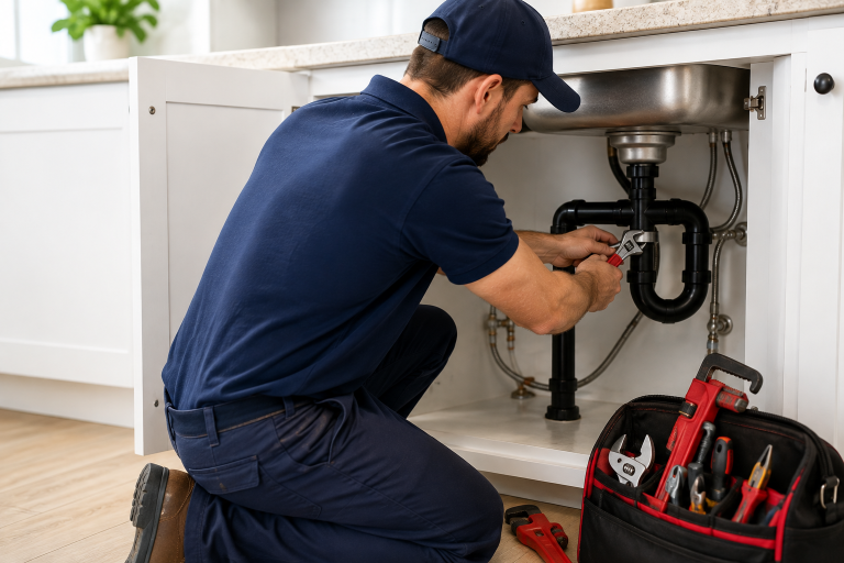professional-plumber-repairing-a-kitchen-sink-drain-pipe-with-a-wrench