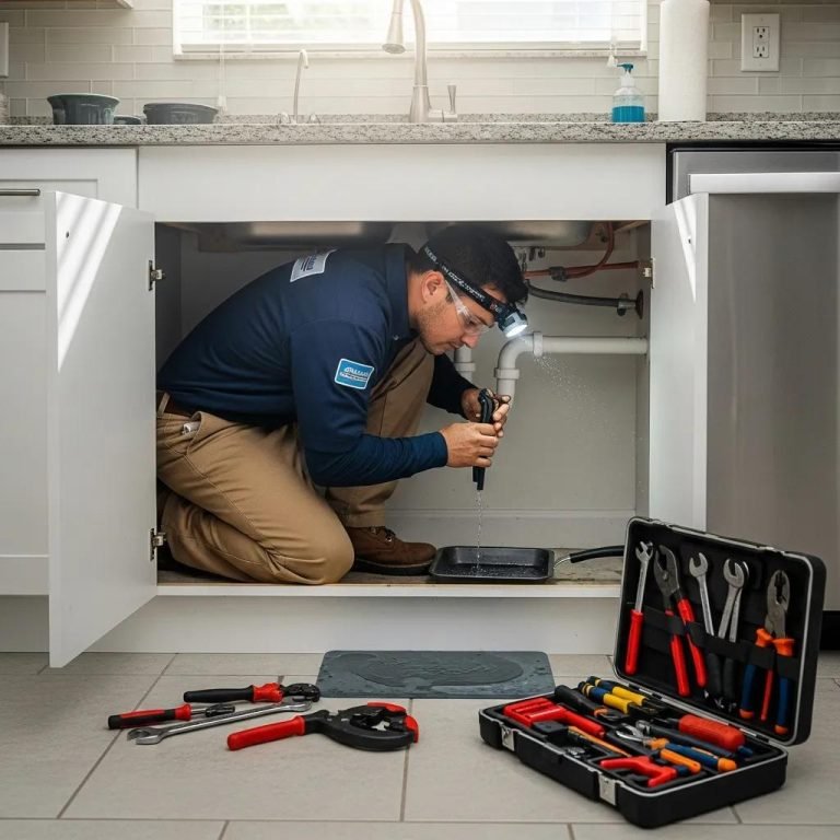 Plumbing professional repairing pipe under kitchen sink in Broward County Florida