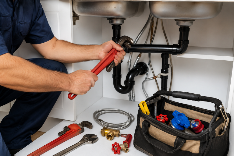 Plumber repairing sink drain pipes with wrench, tools and parts nearby
